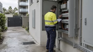 Sydney Air & Solar technician assessing a strata building for a BESS3 battery installation