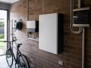 Home battery storage unit mounted on a garage wall in a Sydney home