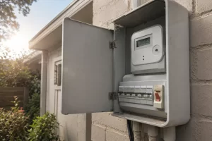 Digital smart electricity meter and switchboard on the exterior wall of a Sydney home