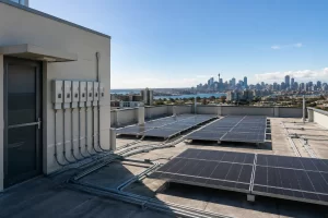 Rooftop of a Sydney apartment building fitted with a shared solar panel array