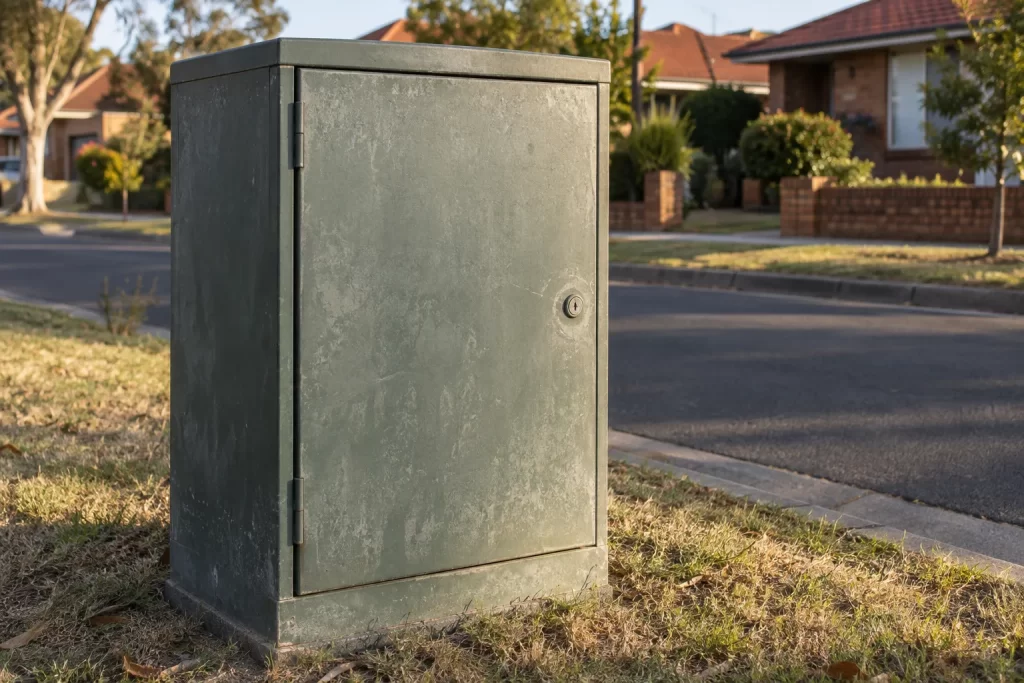 A weathered street cabinet in a Sydney suburb, where copper still runs to the house