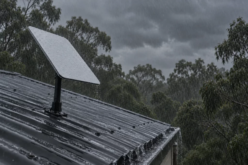 A satellite dish on a Sydney roof during heavy rain