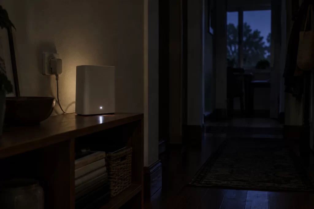 A home router still running during a blackout, powered from a home battery