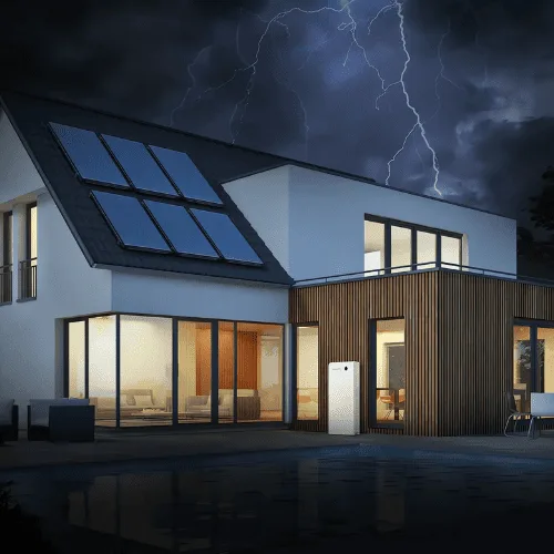 Modern home with rooftop solar and battery storage during a storm