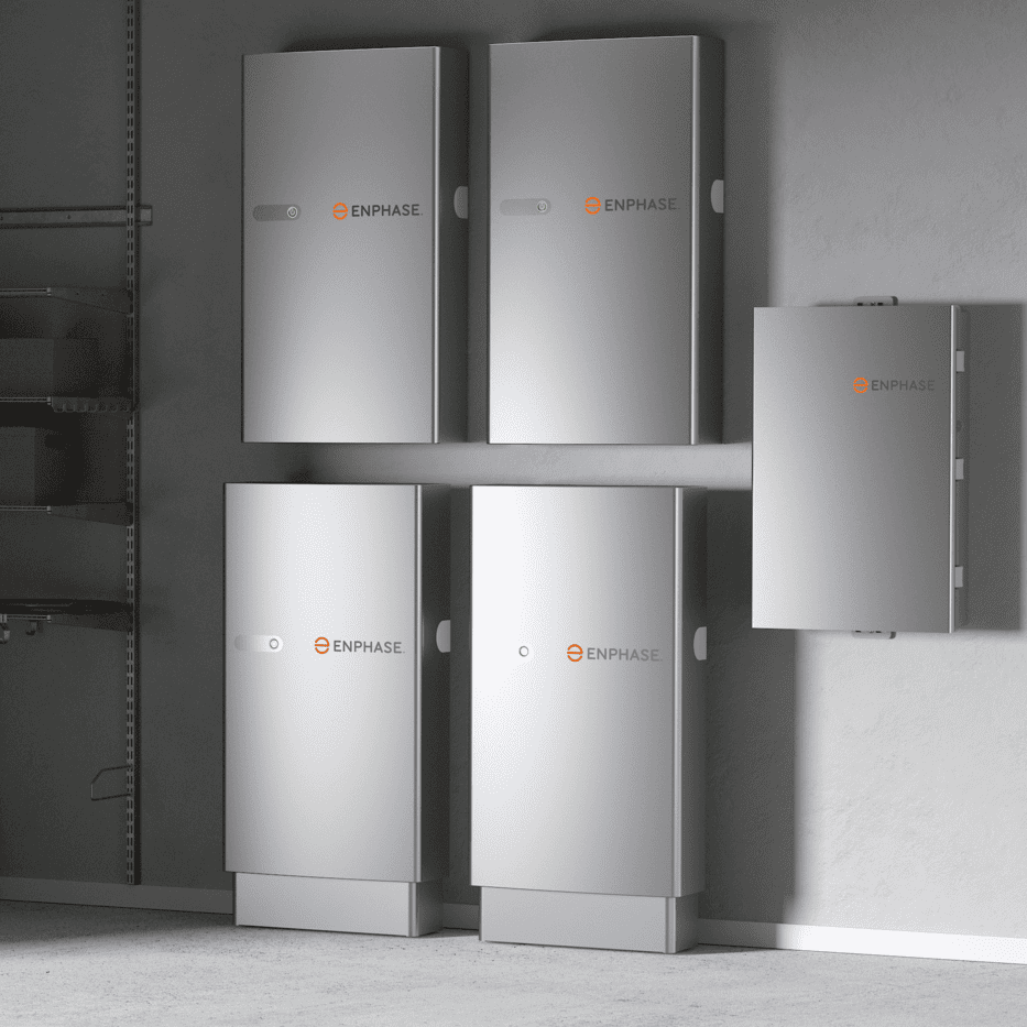 Enphase IQ Battery units wall mounted in a garage