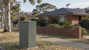 A Sydney street with an NBN node cabinet and a house with a satellite dish on the roof