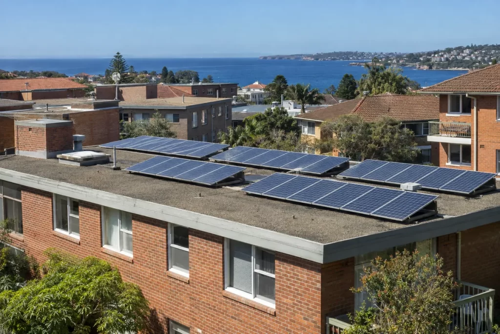 Solar panels on the flat roof of a low-rise apartment building in Sydney's eastern suburbs