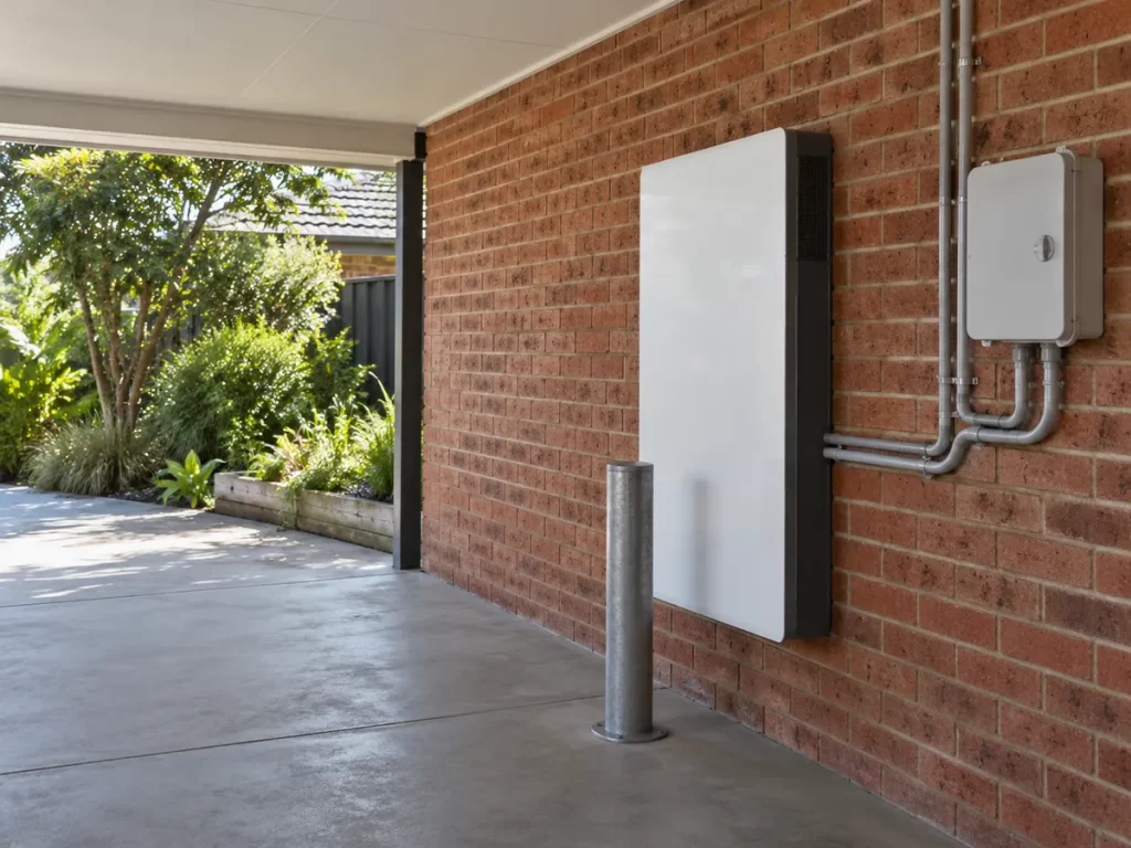 A home battery mounted on the brick wall of a Sydney home's carport